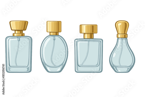 Four glass perfume bottles with gold caps on a dark background