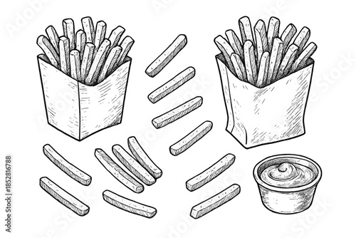 Hand-drawn French Fries and Dipping Sauce