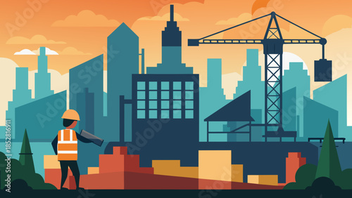 Construction worker in front of skyscrapers