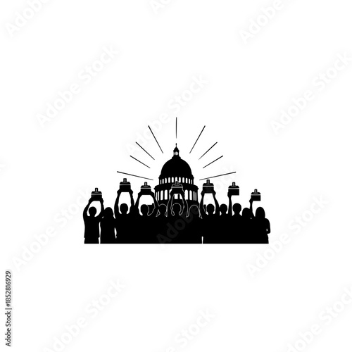 Protesters gathered in front of a government building isolated on transparent background