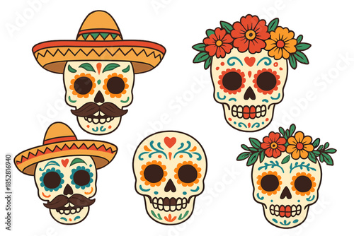 Day of the Dead skulls with sombreros and flowers