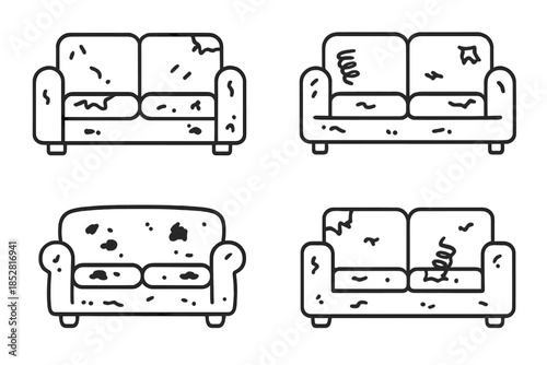 Four cartoon couches with rips and tears