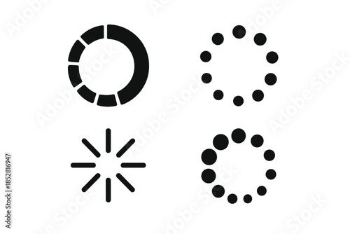 Four different dark loading spinners on a gradient background