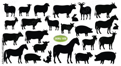 Black silhouettes of various farm animals isolated on white background vector
