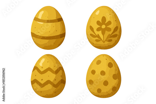 Four golden Easter eggs with decorative patterns