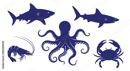 Dark blue sea creatures silhouettes on white background vector