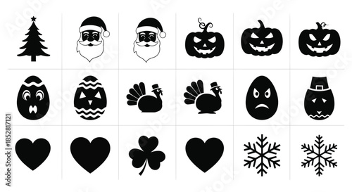 Collection of black holiday icons on white background vector