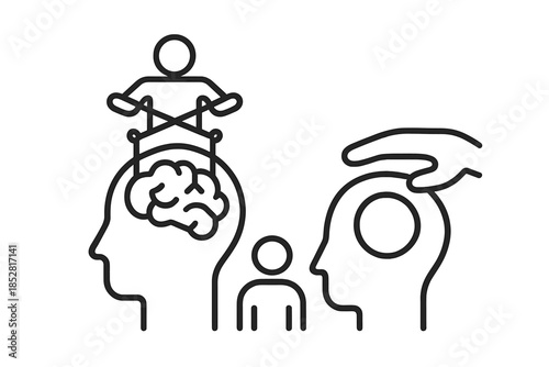 Puppeteer controlling a brain inside a human head with strings