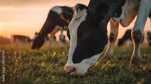 Close-up of a black and white cow grazing on green grass during sunset in a field.