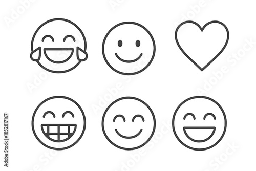 Set of six emojis and a heart symbol with a subtle gradient background.