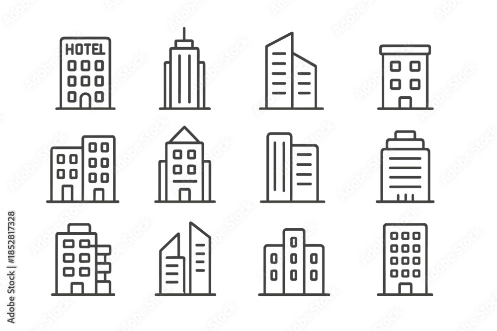 Obraz premium Set of 12 building icons with neon outline