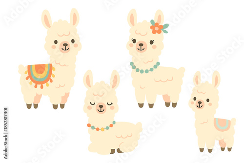 Four Cute Cartoon Llamas with Glowing Aura