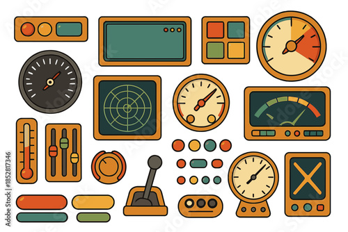 Retro futuristic control panel with gauges and buttons