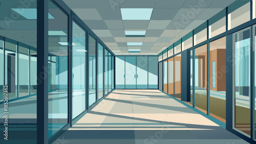 Modern office corridor with glass walls