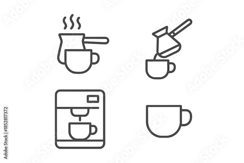 Coffee brewing and cup icons on a dark background
