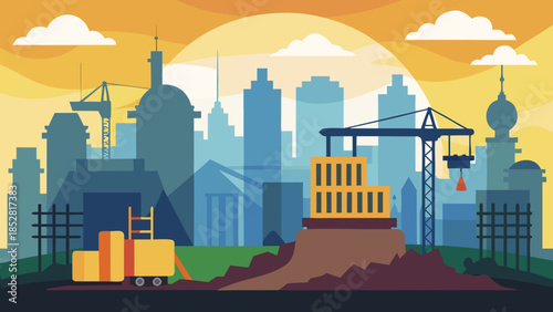 Industrial cityscape with construction activity