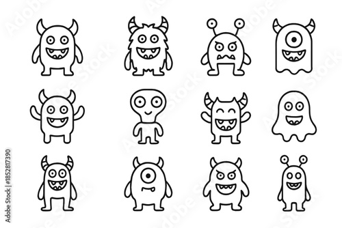 Set of cute cartoon monsters with outline style