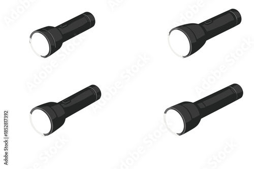 Four illuminated flashlights on a dark background