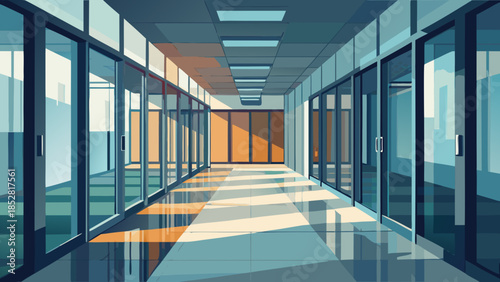 Modern office corridor with glass doors