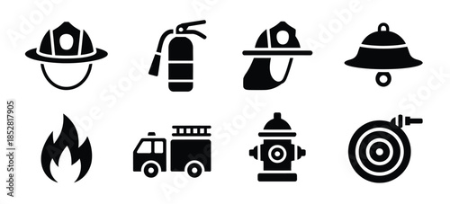 Firefighting black icon set including firefighter helmet, extinguisher, alarm bell, flame, fire truck, hydrant and fire hose, ideal for emergency response visuals, safety signage and vector i