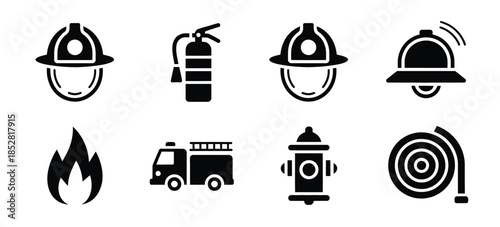 Firefighting icon collection in black featuring firefighter helmet, fire extinguisher, safety helmet, alarm bell, flame, fire truck, hydrant and fire hose, designed as clean vector symbols for safety 