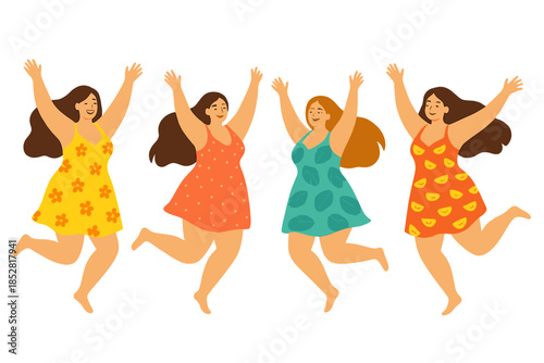 Four happy women jumping with raised arms and bright aura