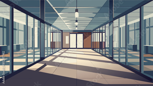 Modern office corridor with glass walls