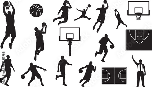 Basketball player action silhouette set