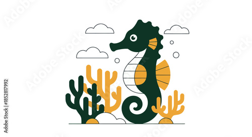 Stylized seahorse illustration with coral and clouds on white background