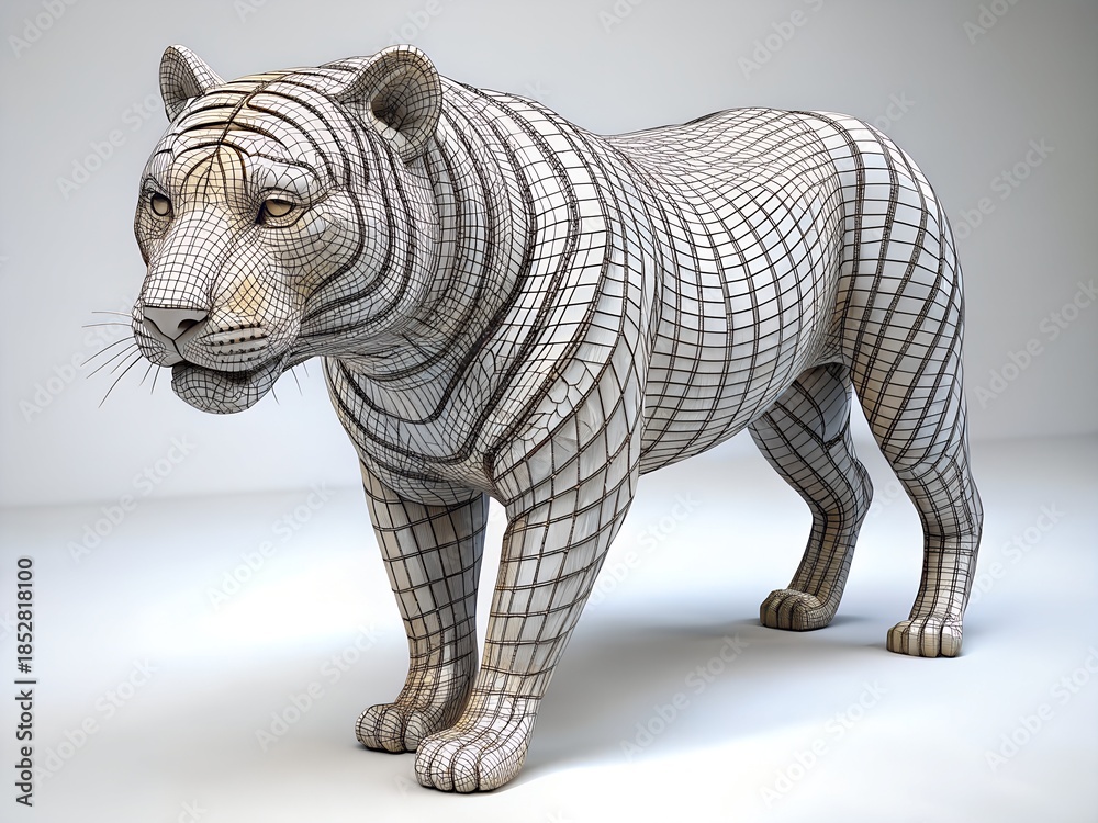 Fototapeta premium Wire mesh tiger sculpture standing on white surface