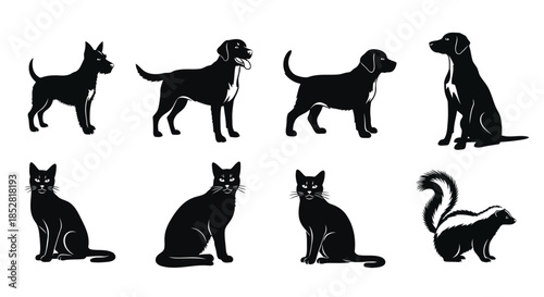 Black silhouettes of dogs and cats on white background vector