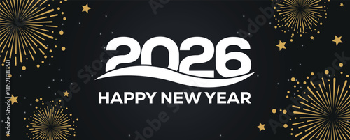 Festive black banner with bold white 2025 Happy New Year typography, surrounded by elegant golden fireworks and sparkling stars, perfect for holiday greetings, celebrations, party invitations.