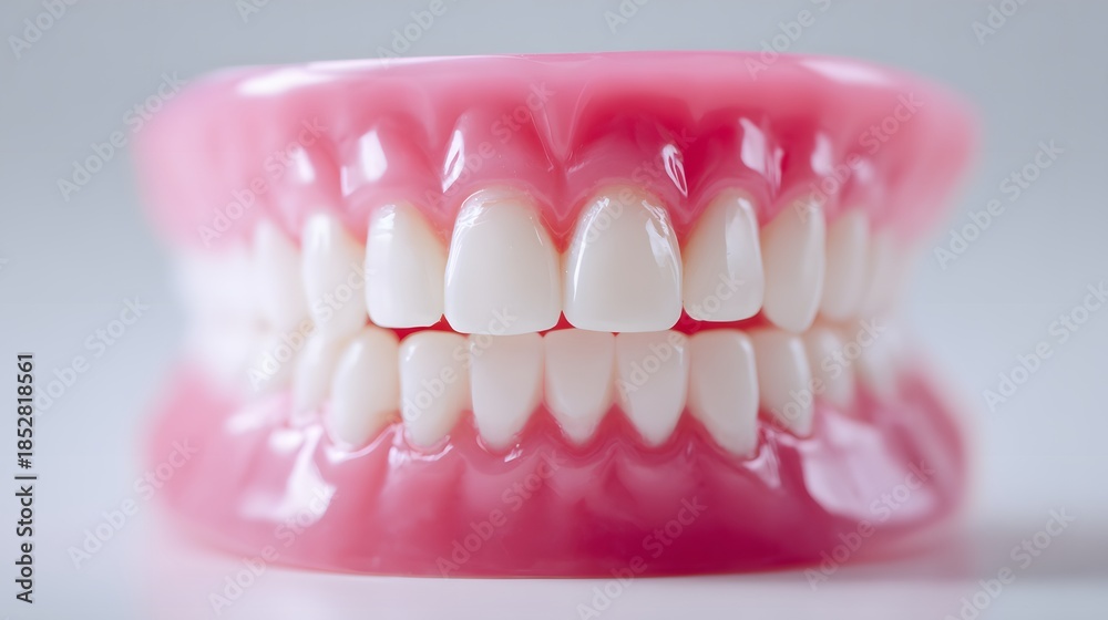 Fototapeta premium Close-up of a complete set of dentures, showing the upper and lower teeth, dental health concept.