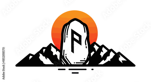 Stylized stone with letter p against sunset over mountains vector illustration