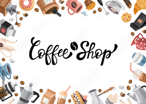 Coffee rectangular, frame, copy space, horizontal template. Hand drawn cartoon design with different Coffee Theme objects. Vector Coffee Shop typography, hand written lettering, calligraphy.