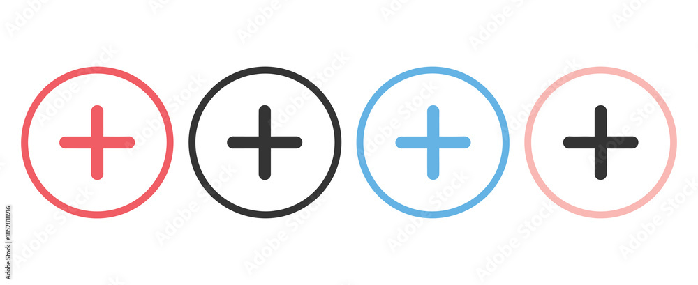 Obraz premium Plus sign icon collection, including colorful circular plus icons, medical cross symbols, minimalist add signs, suitable for healthcare, mathematics, UI design, mobile apps, and clean vector graphics
