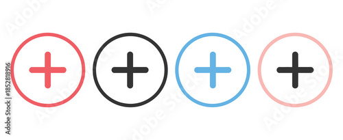 Plus sign icon collection, including colorful circular plus icons, medical cross symbols, minimalist add signs, suitable for healthcare, mathematics, UI design, mobile apps, and clean vector graphics