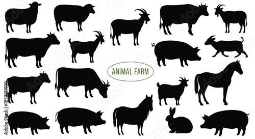 Black silhouettes of various farm animals isolated on white background vector