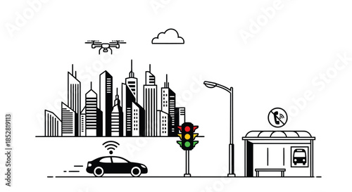 Vector illustration of a futuristic cityscape with a drone flying over skyscrapers, a car with Wi-Fi signal, and a bus stop with a no…