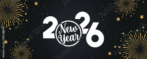 Festive black banner with bold white 2025 Happy New Year typography, surrounded by elegant golden fireworks and sparkling stars, perfect for holiday greetings, celebrations, party invitations.