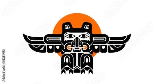 Stylized totem pole against orange sun illustration design