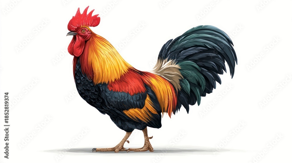 Fototapeta premium Colorful rooster illustration isolated on white background for design projects