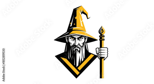 Stylized wizard illustration holding a staff on white background