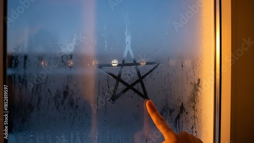 Hand drawing star symbol on window.