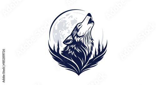 Stylized wolf howling at the moon illustration in dark blue on white