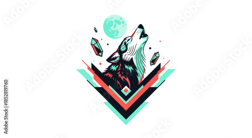 Stylized wolf howling at the moon illustration with geometric elements