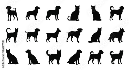 Collection of black dog and cat silhouettes on white background vector