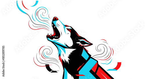 Stylized wolf illustration howling with geometric details and colorful smoke
