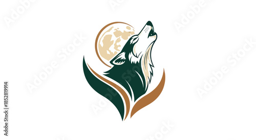 Stylized wolf silhouette howling at the moon design on white background