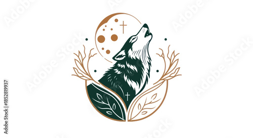Stylized wolf silhouette howling at the moon design illustration
